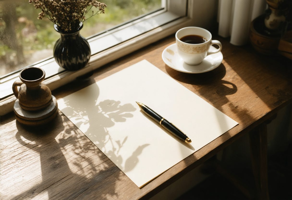 A warm writing desk with stationery, a fountain pen and coffee