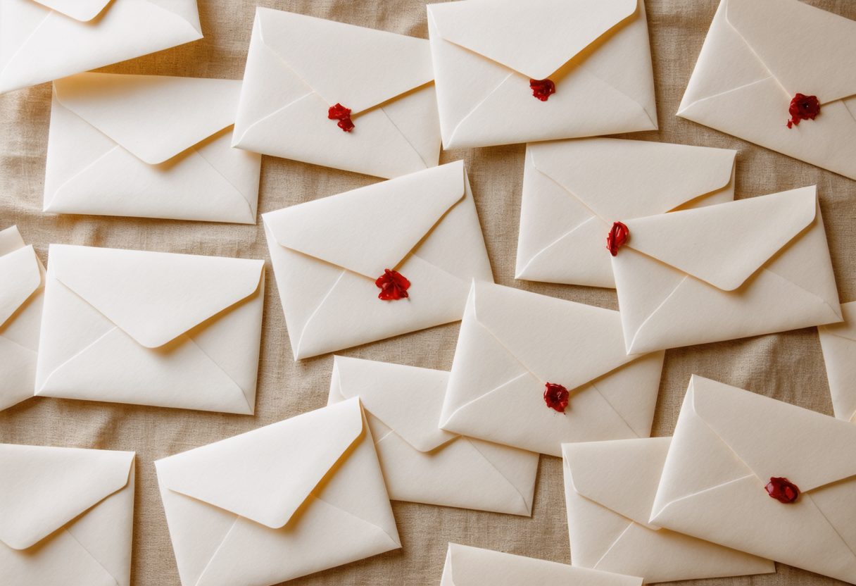 Many handwriting-style cream envelopes arranged in rows, some with wax seals