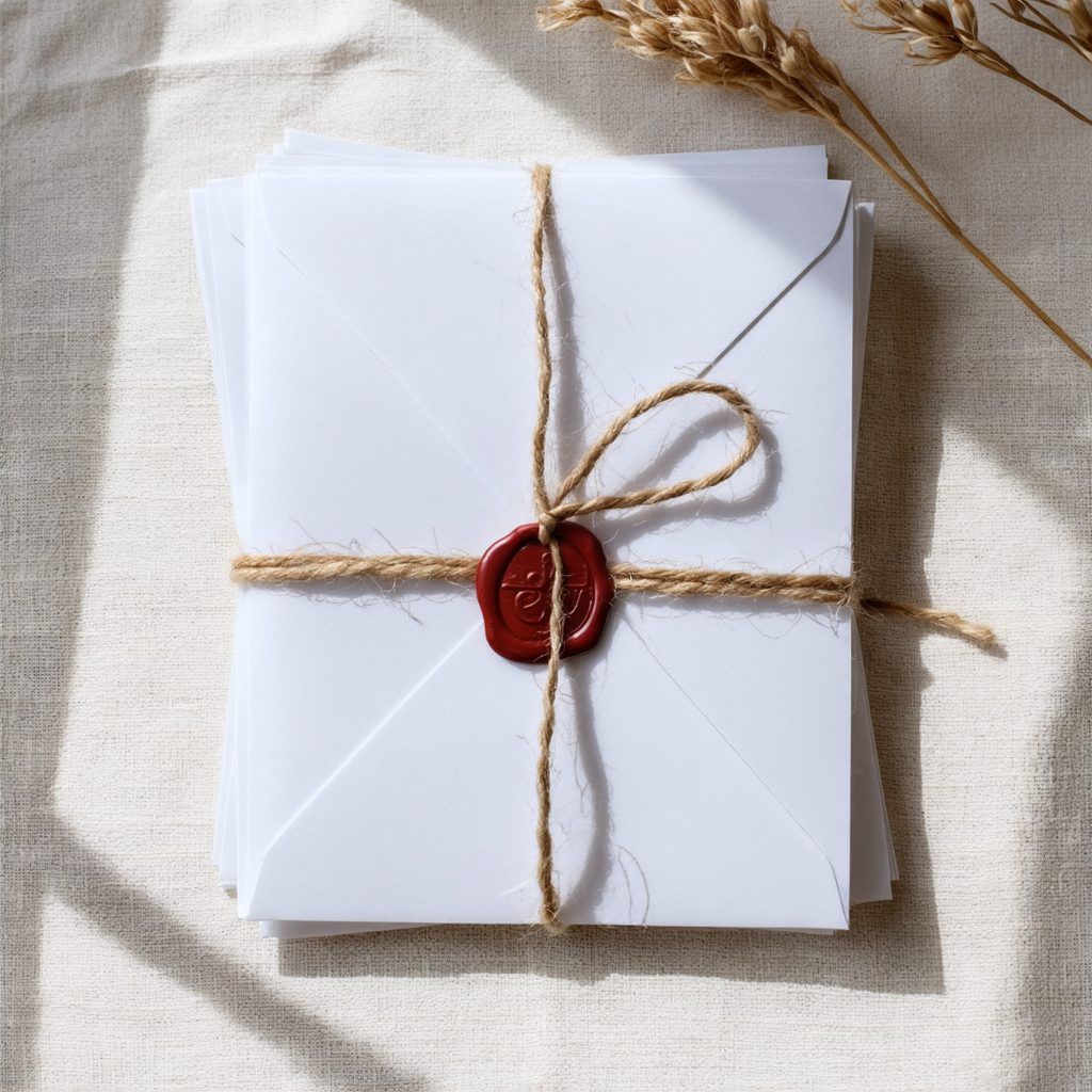 A stack of handwriting-style envelopes tied with twine and a wax seal