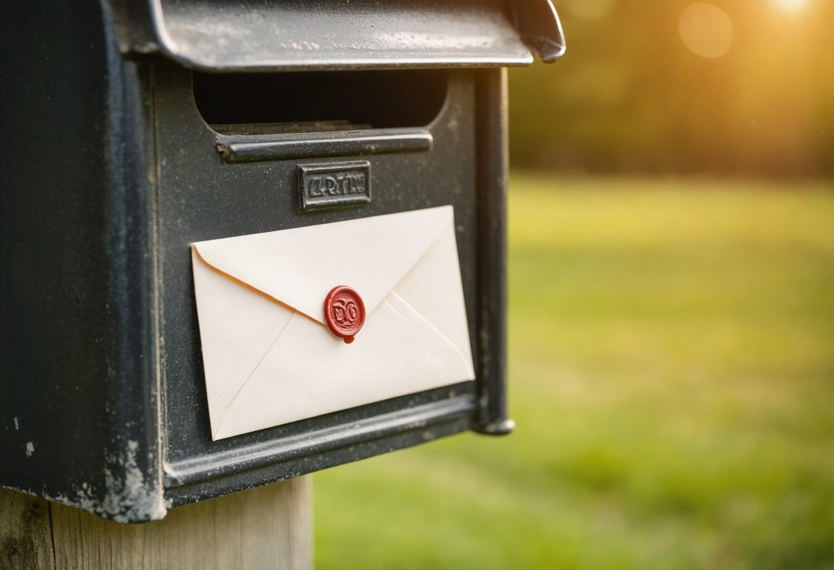 A cream wax-sealed envelope in a vintage mailbox in warm light