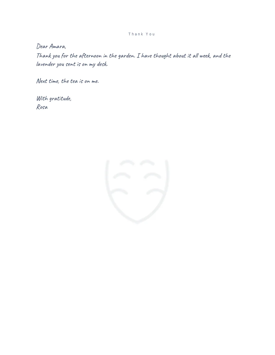 A real print render of a sample thank-you letter: a short letter to Amara in the Quick handwriting style, under the Thank You heading, with that letter type’s mark in the middle of the page.