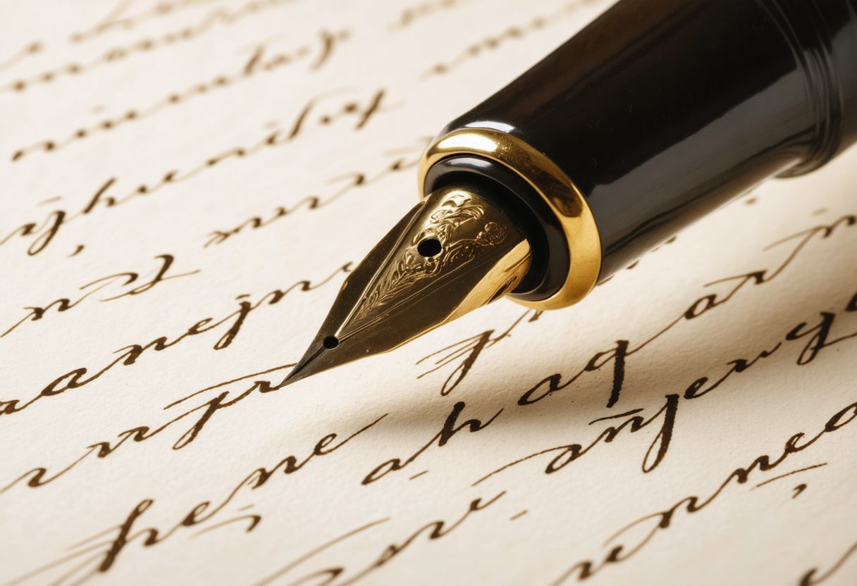 A fountain pen writing in flowing ink on cream paper
